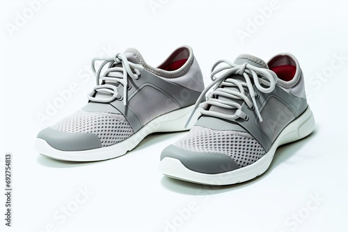 Footwear shoes rubber Breathable pore Comfortable background white grey pair A shoe isolated fashion shoelace sneaker laced exercise casual attire sport woman jogging adventure active athletic