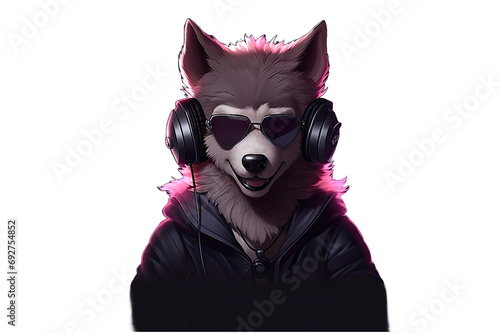 Cool party dj wolf in headphones and sunglasses, generative ai © VertigoAI