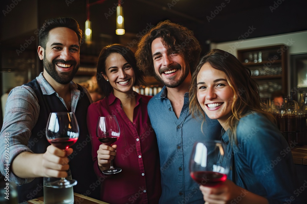Fototapeta premium group of friends raising wine glasses, winery