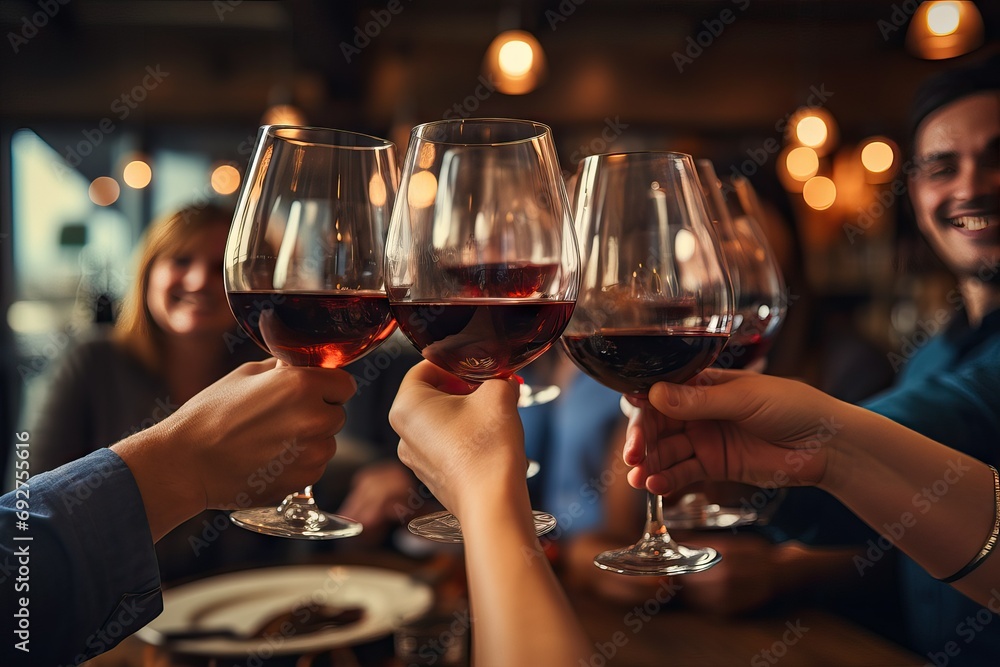 group of friends raising wine glasses, celebration