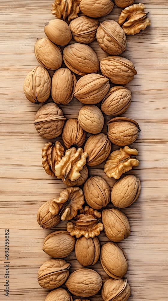 walnuts spilled on light wood table, overhead view walnuts spilled on light wood table, overhead view