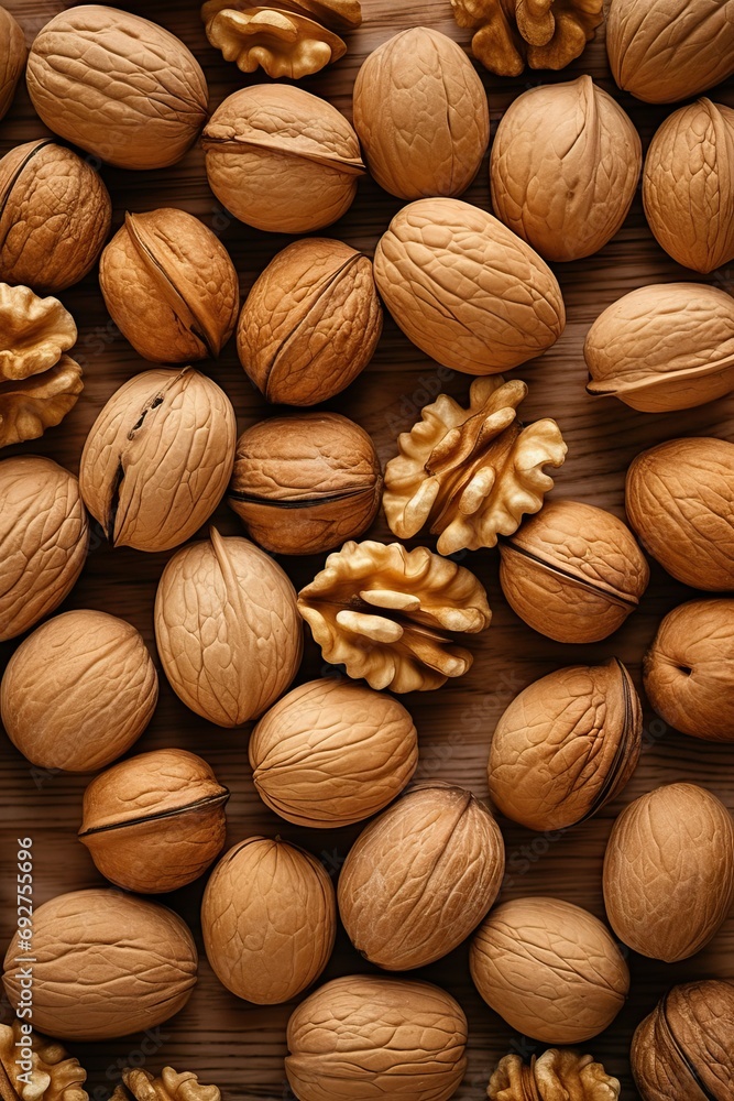 walnuts spilled on light wood table, overhead view walnuts spilled on light wood table, overhead view