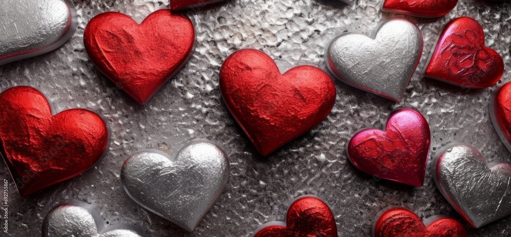 Obraz premium Valentines Day Decoration love hearts on a wooden background, wallpaper, design, birthdays, design