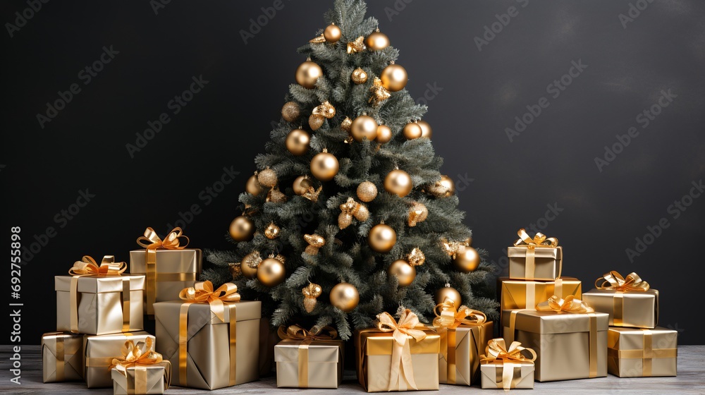 Christmas tree with golden gift boxes