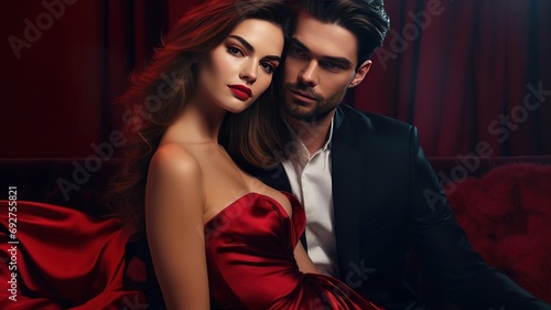 Portrait Beautiful couple in love man and woman embracing hugging fashion model posing. luxurious male black suit costume. girl in elegant evening red dress. valentines day concept AI.