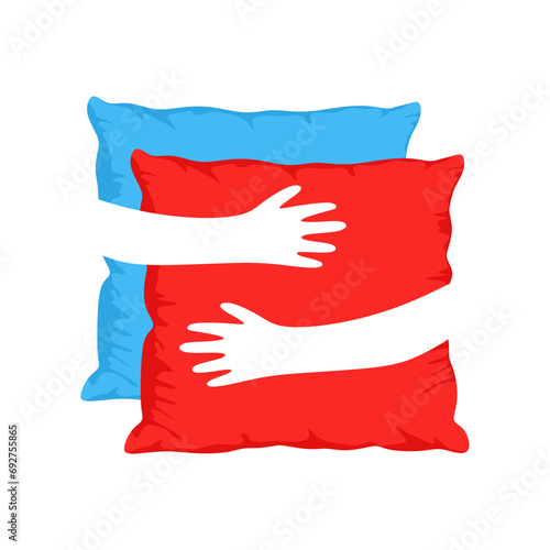 Hands hugged Pillows. Hands hugging red and blue pillow in flat style isolated on white background. Sofa bed sleep cushion. Soft, Feather, bamboo eco fabric. Cartoon style design. vector illustration