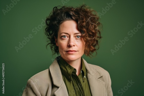 Portrait of a middle-aged woman with curly hair on a green background