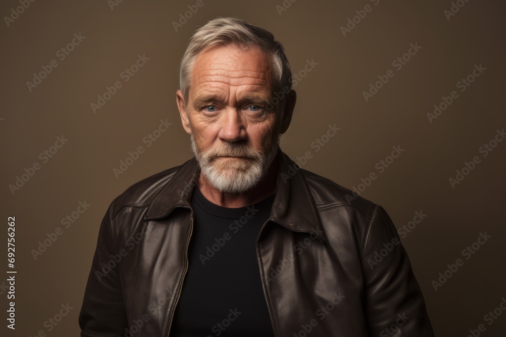 Portrait of a senior man with gray hair and beard wearing a leather jacket.