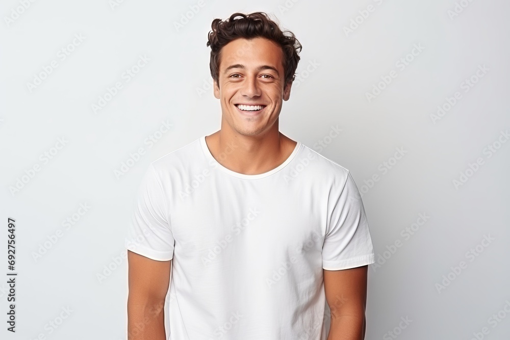 Portrait of a smiling young man in white t-shirt on grey background Portrait of a smiling young man in white t-shirt on grey background