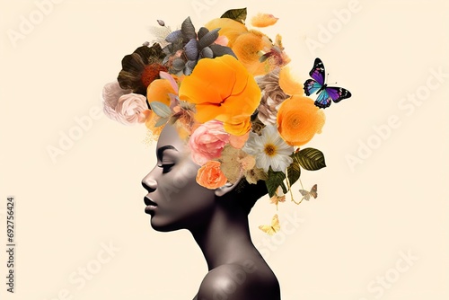 style modern design art fashion Conceptual head flowers woman African young collage Abstract pop flower afro billboard fashionable creativity beauty background creative girl face portrait female