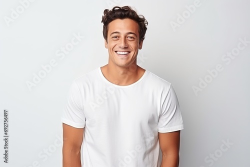 Portrait of a smiling young man in white t-shirt on grey background