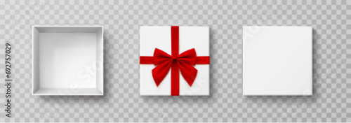 Box mock up top view with red ribbon and bow isolated on transparent background. White 3d open container. Vector empty Christmas gift package or New Year present wrap