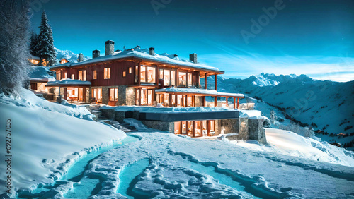 Stunning Wooden and Stone Mansion in Alp mountain in Italy.Visualized from real photo.  photo