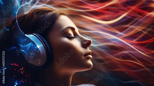 A woman with headphones on her head. Sleep optimization, cognition enhancement.