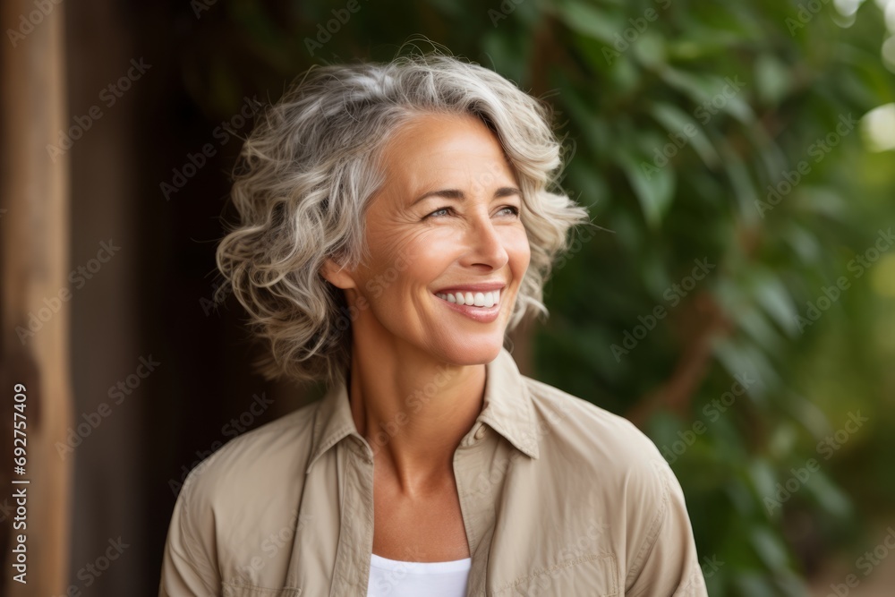 Closeup portrait of a smiling senior woman with grey hair, outdoors
