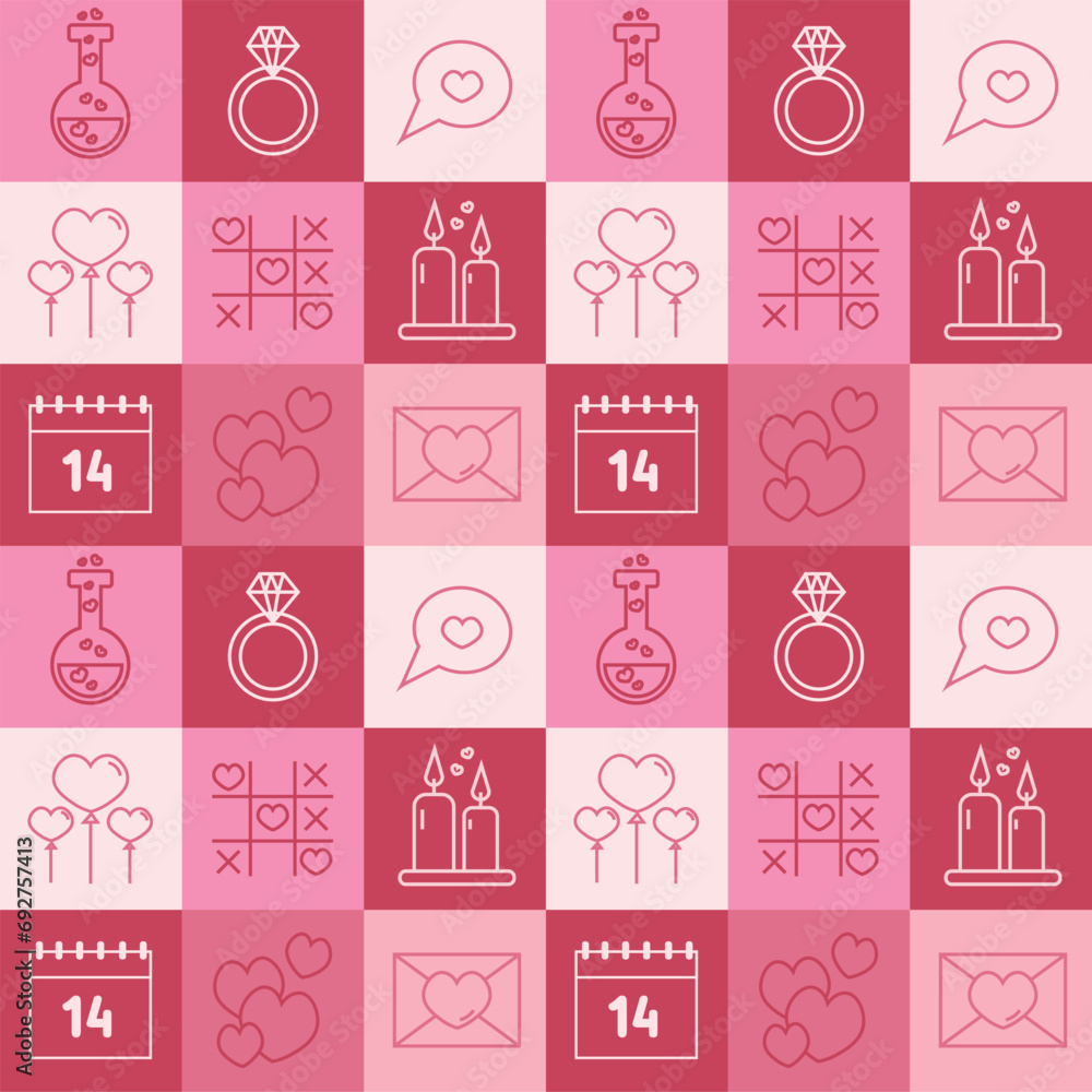 Valentine's day checkered seamless pattern with icons for wallpaper, stationary, wrapping paper, textile prints, packaging, etc. Valentine's day checkered seamless pattern with icons for wallpaper, stationary, wrapping paper, textile prints, packaging, etc.