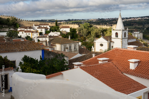 View of medieval village of Obidos and the typical white houses
