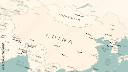 China on the world map. Smooth map rotation. 4K animation.