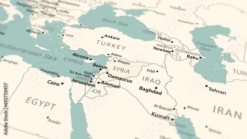 Syria on the world map. Smooth map rotation. 4K animation. photo