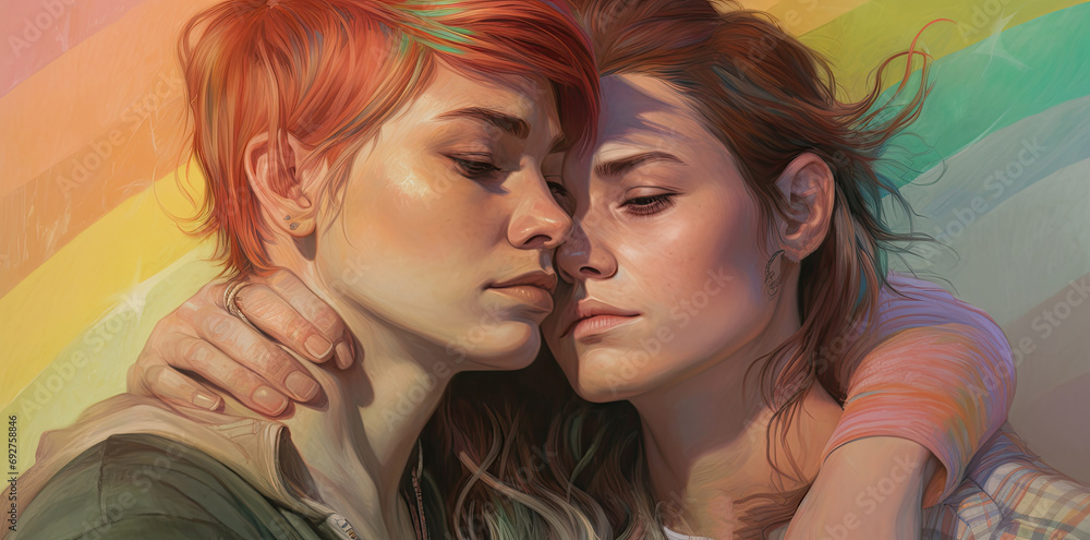 Two beautiful young lesbian women with bright hair, tenderly embrace. The concept of non-traditional orientation