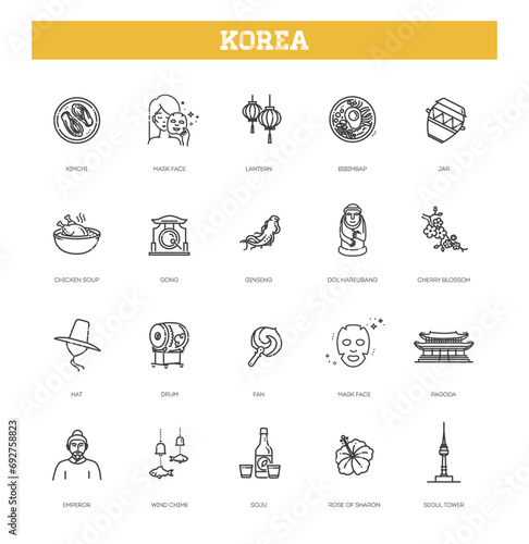 Set of Korea icons. Line art style icons bundle. vector illustration