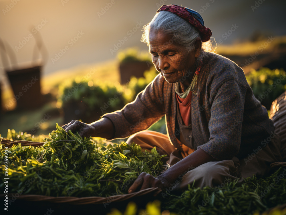 An Indian woman in traditional clothing picking tea on a tea plantation, AI generated - obrazy, fototapety, plakaty 