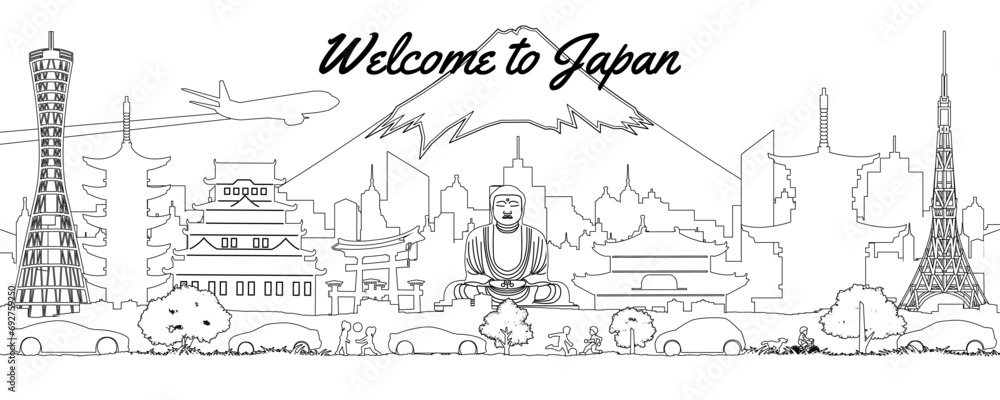 Japan famous landmarks silhouette outline style,vector illustration