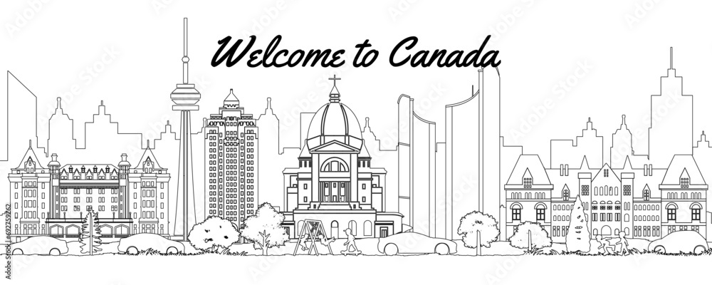 Canada famous landmarks in situation of downtown by silhouette style,vector illustration