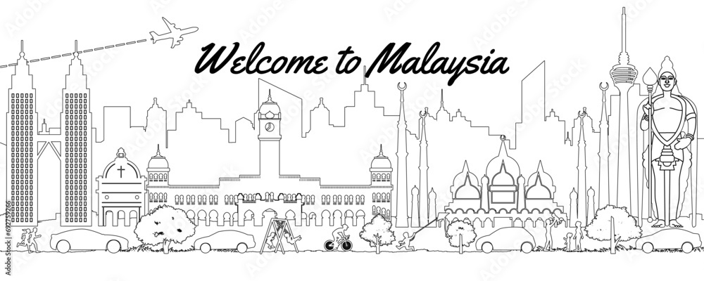 Malaysia famous landmark silhouette line style,text within,vector illustration