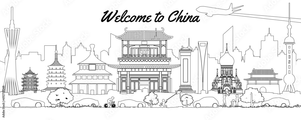 China famous landmark silhouette line style with blue and white color,vector illustration