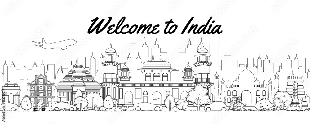 India famous landmarks by silhouette line style,vector illustration