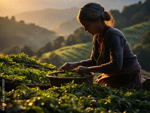 An Indian woman in traditional clothing picking tea on a tea plantation, AI generated photo