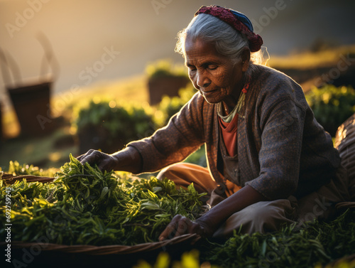 An Indian woman in traditional clothing picking tea on a tea plantation, AI generated photo