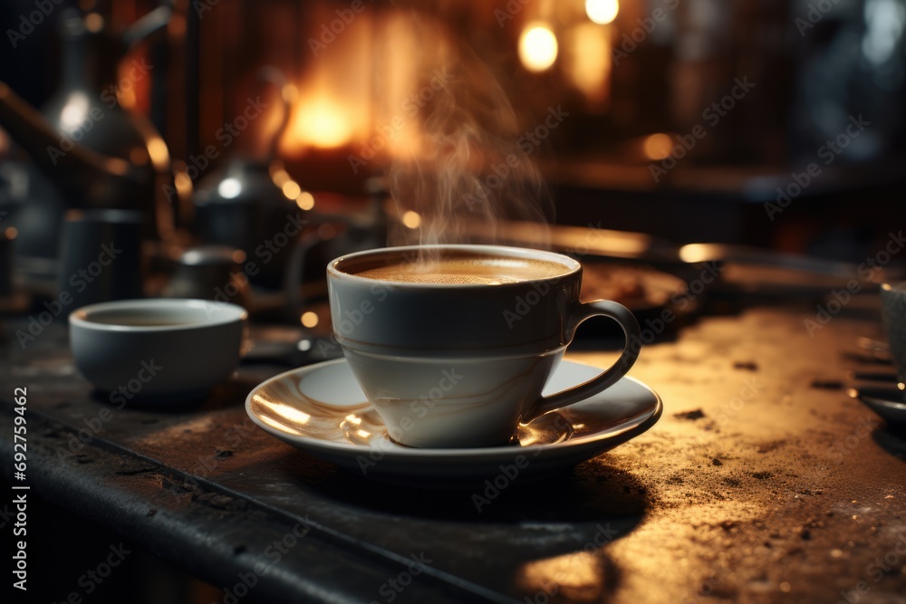 Cup of coffee on wooden table. Morning cappuccino. AI Generated Cup of coffee on wooden table. Morning cappuccino. AI Generated
