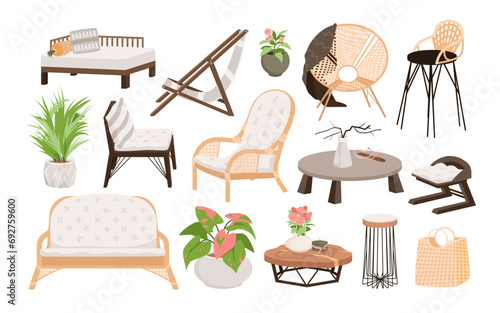 Balcony cozy modern furniture set vector illustration. Cartoon isolated boho lounge interior collection with summer flowers and green plants in pot, wood chair and table, hygge rattan armchair