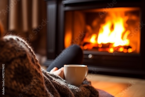 Woman sitting enjoying home comfort hot coffee tea winter evening cozy warm fireplace wrapped blanket rest relax indoors satisfaction peace delight calmness dream wellbeing heating hearth vacations