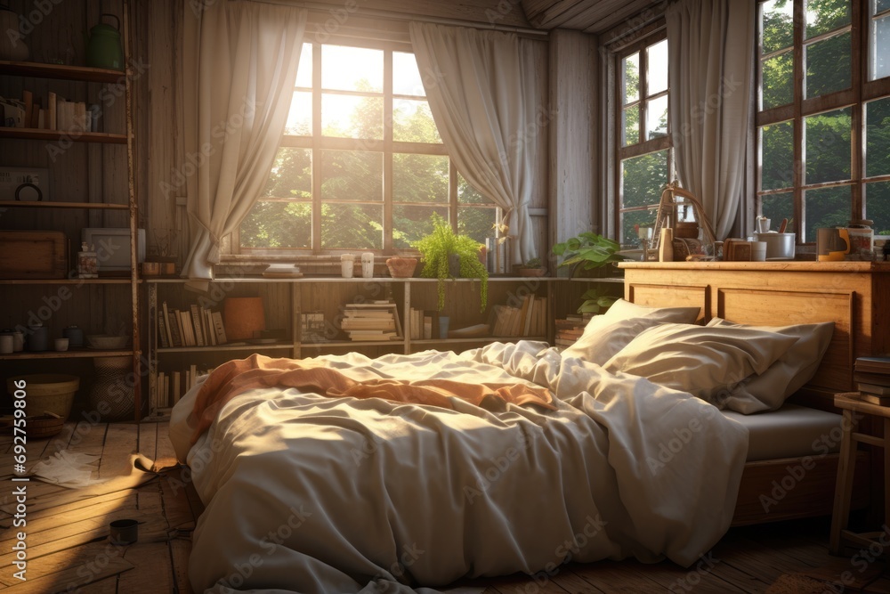 Cozy classical style sun lit bedroom with pillows, blankets, flowers and large windows. AI Generated