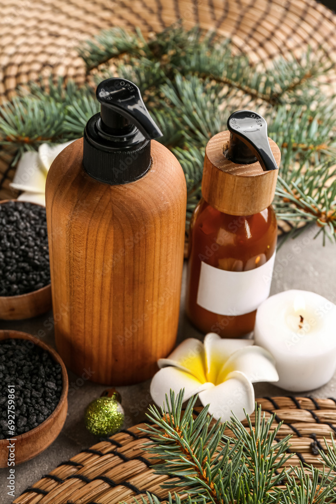 Beautiful spa composition with Christmas decorations on table, closeup Beautiful spa composition with Christmas decorations on table, closeup
