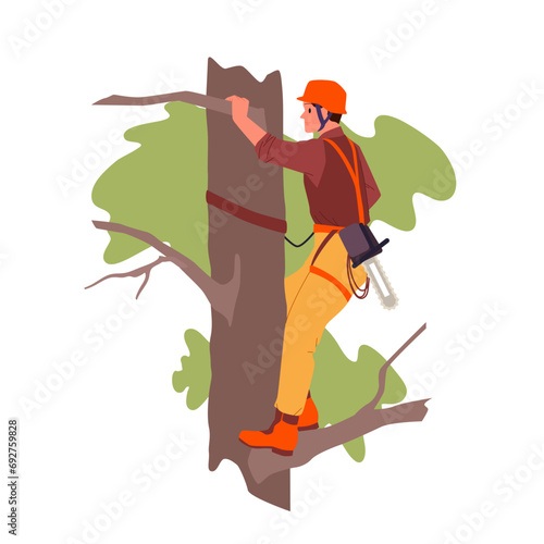 Arborist climbing tree with chainsaw vector illustration. Cartoon isolated climber worker cutting branches with saw, professional male woodcutter in workwear, safety belt and helmet working at height