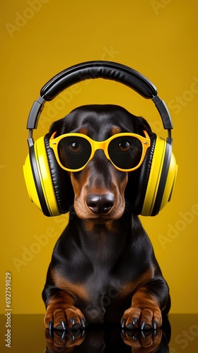 Black classic dachshund dog in yellow sunglasses and big black and yellow headphones is listening music. Sitting at the table. Yellow background. Close-up.
