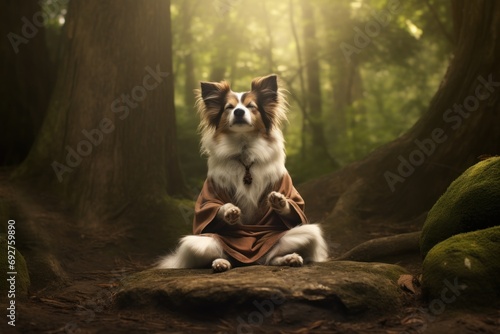 Old sage dog in monk attire in meditation pose in forest. A doggy guru meditates, achieving nirvana. Suitable for spiritual or humorous content. photo