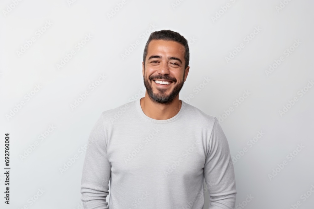 Portrait of a handsome young man smiling at the camera while standing against white background Portrait of a handsome young man smiling at the camera while standing against white background