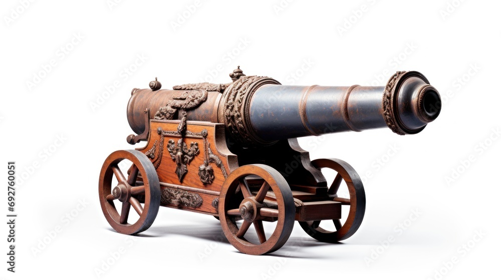 Old artillery cannon on wooden wheels on white background. An antique medieval weapon that shoots cannonballs. Mortar bombard. Vintage weapons for war. Ideal for historical or military themed projects