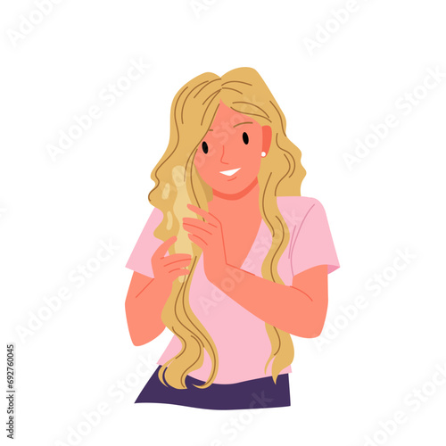 Girl takes care of blond wavy hair vector illustration. Cartoon isolated portrait of beautiful young woman holding waves of strands to apply cosmetic product  leave in conditioner treatment process
