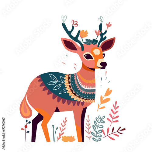 Cute deer with floral decorative ornament vector illustration. Cartoon isolated forest baby animal with flowers growing on antlers, funny reindeer character and wild autumn branch with leaves