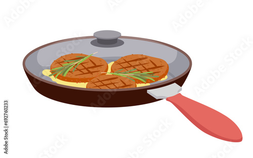 Meat steak in pan vector illustration. Cartoon isolated cooked hot round pieces of beef fillet with sauce and branch of rosemary in metal skillet with handle and glass lid, fried veal medallions