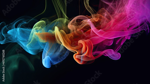 Abstract wave of colorful smoke. Pink, orange, yellow, green, blue acrylic swirls in black water. Creative background © virginna