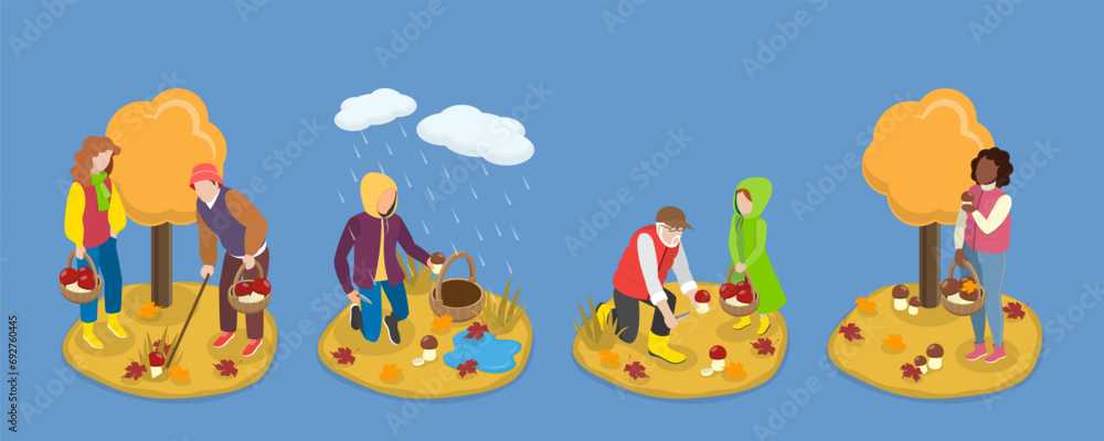 Naklejka premium 3D Isometric Flat Vector Illustration of Mushroom Picking, Autumn Forest