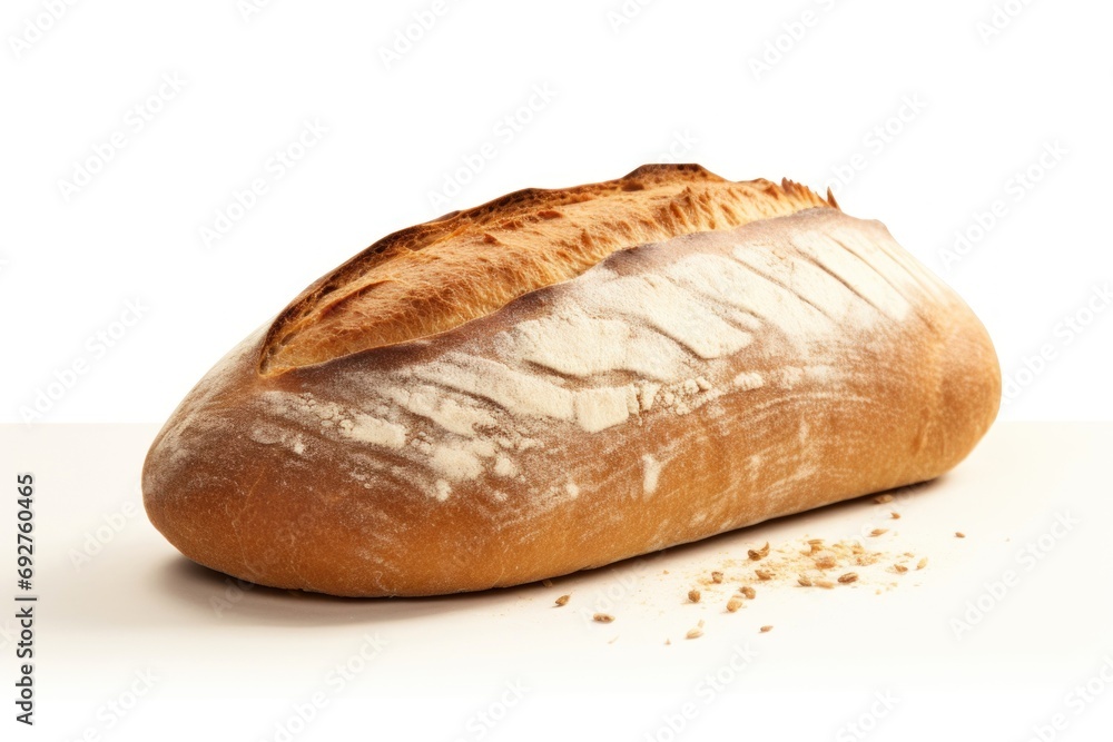 Bread on a white background. Freshly baked golden brown loaf of bread with crispy crust. Made from organic whole grain wheat flour. Healthy food. For bakery, food blog, recipe book, cafe, restaurant Bread on a white background. Freshly baked golden brown loaf of bread with crispy crust. Made from organic whole grain wheat flour. Healthy food. For bakery, food blog, recipe book, cafe, restaurant