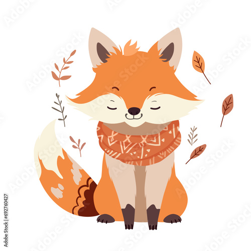 Cute fox in scarf among autumn leaves and tree branches vector illustration. Cartoon isolated front view of sly baby animal with funny face, paws and tail sitting in frame of fall leaf and dry grass